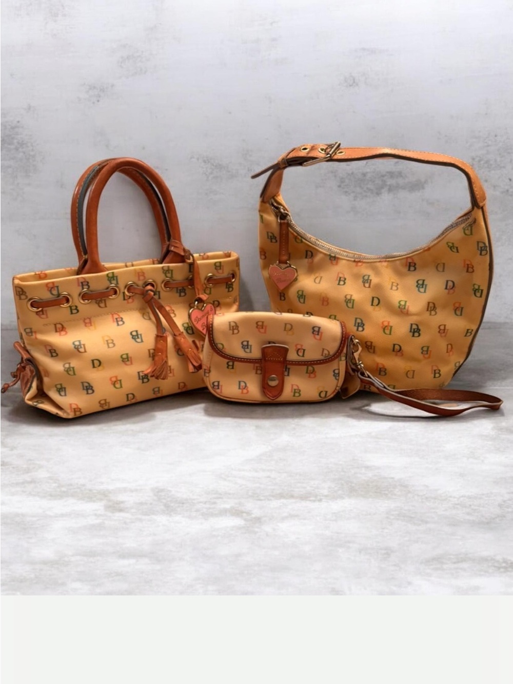 Vintage Dooney & Bourke Multicolor DB Logo Satchel, Hobo and Wristlet Set
